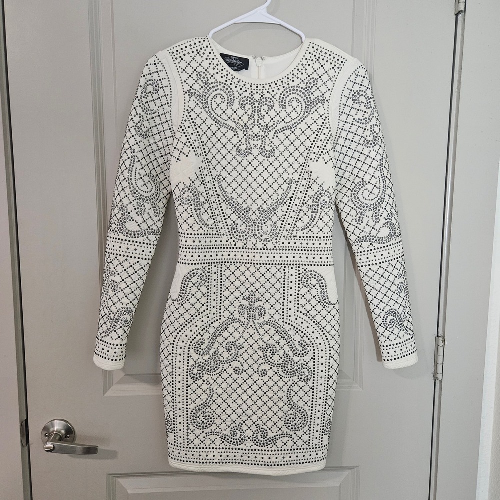 Bebe Addiction Womens White Studded Rhinestone Bodycon Dress Long‎ Sleeve XS